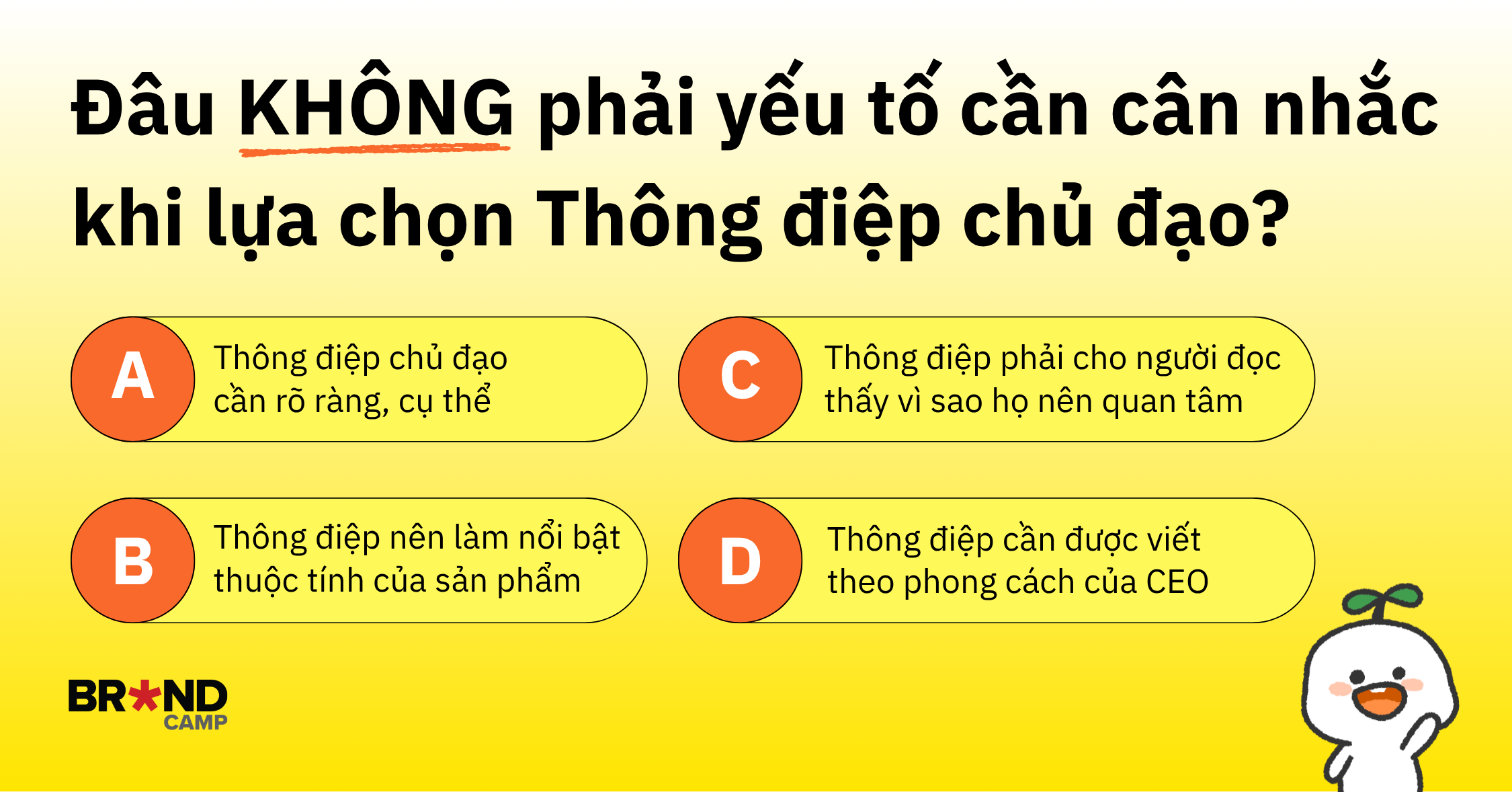 Quiz: Đâu KHÔNG phải yếu tố cần cân nhắc khi lựa chọn Thông điệp chủ đạo?