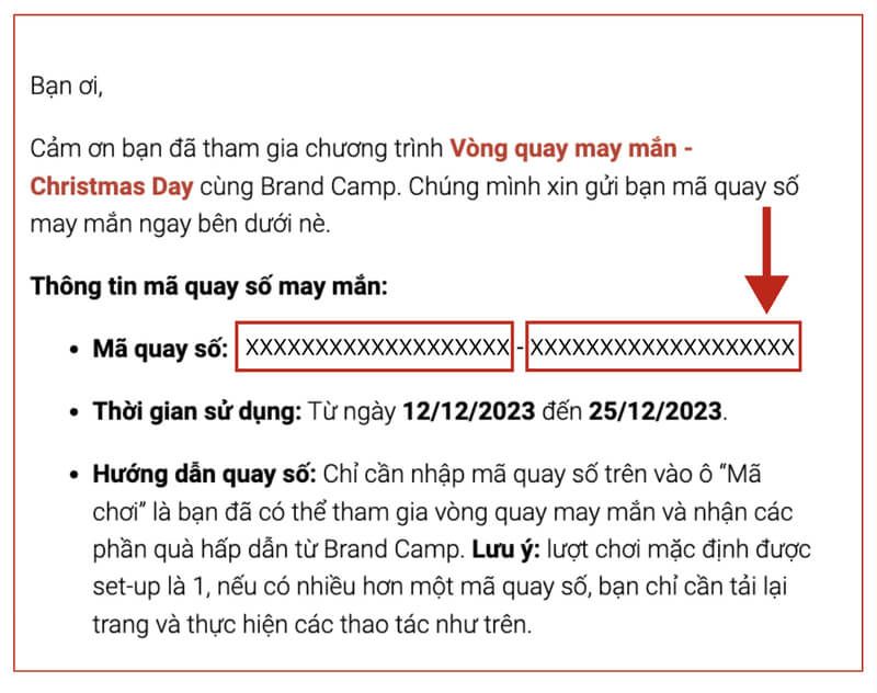 Email chứa mã quay số may mắn