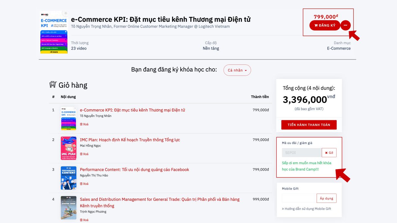 Truy cập BrandCamp.asia và bỏ giỏ hàng bất kỳ khóa học nào mà bạn ưng ý