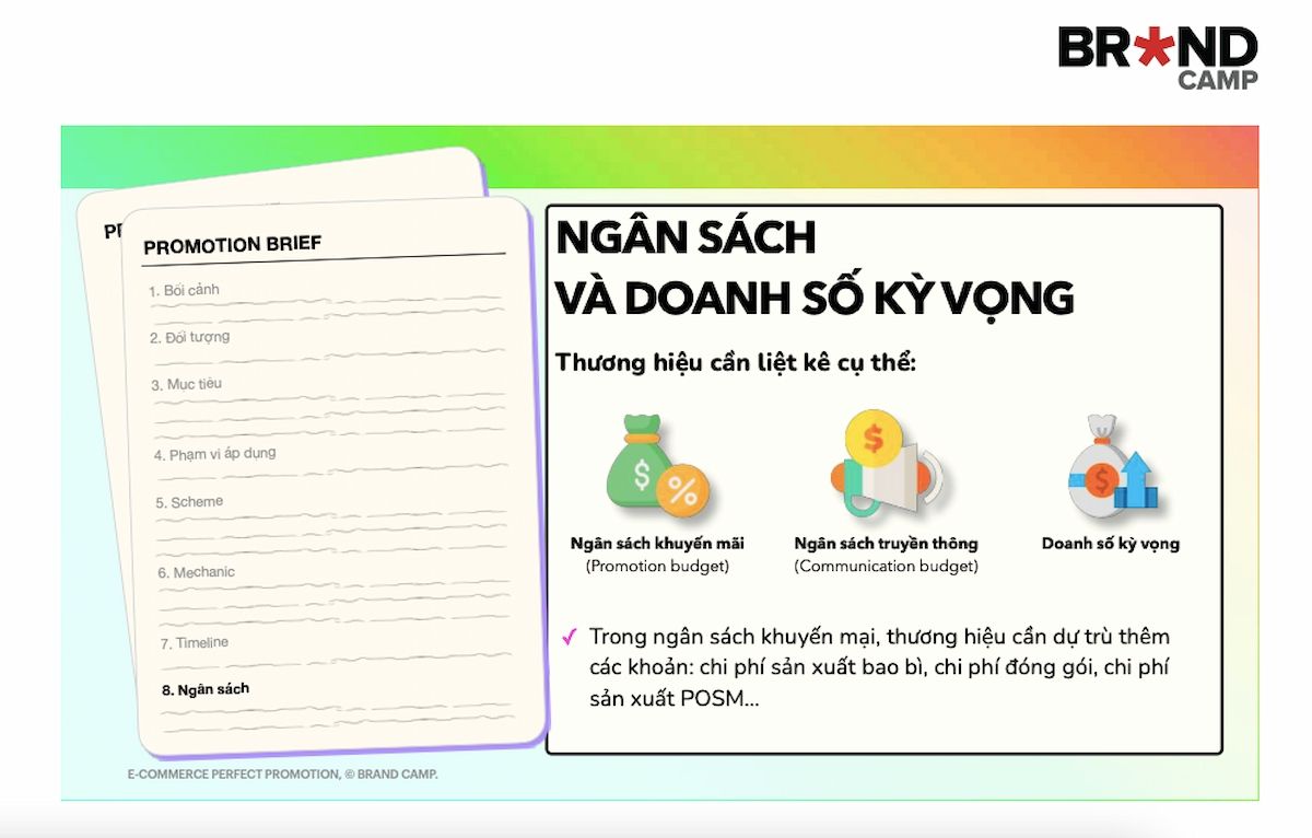 Trong phần ngân sách cho chương trình khuyến mại, bạn cần liệt kê promotion budget, communication budget và expected revenue.