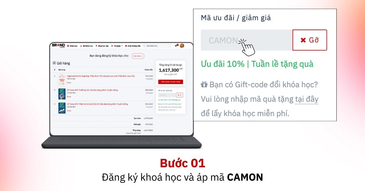Bước 1: Đăng ký khoá học và nhập mã CAMON