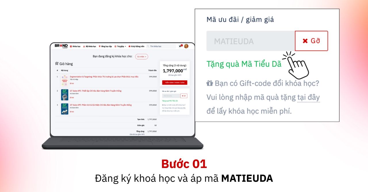 Bước 1: Đăng ký khoá học và nhập mã MATIEUDA