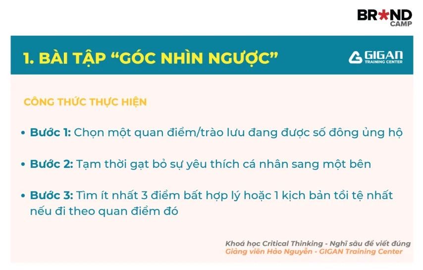 Công thức thực hiện bài tập “Góc nhìn ngược”.